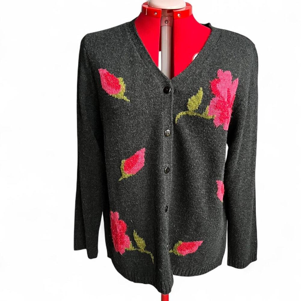 Stitches In Time Charcoal Grey Cardigan‎ Sweater with Pink & Red Flowers 1X